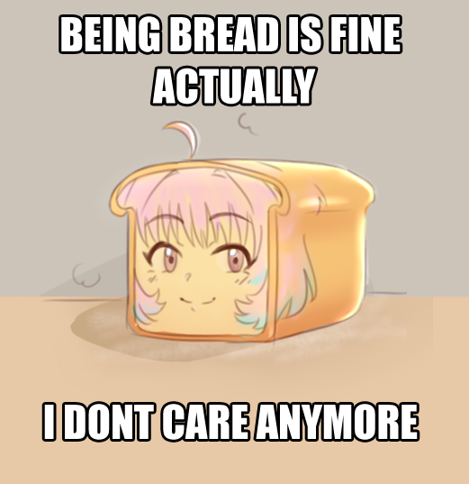 1girl ahoge blush bread brown_background english_text female_focus food foodification hair_intakes i_don&#039;t_want_to_be_bread_(meme) idolmaster idolmaster_cinderella_girls image_macro_(meme) looking_away looking_to_the_side meme multicolored_hair objectification pink_eyes pink_hair psycho_orb short_hair simple_background smile solo two-tone_hair typo what yumemi_riamu