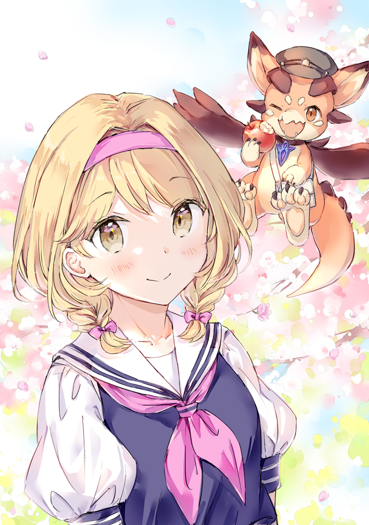 1girl ;d animal apple black_shirt blonde_hair blue_sky blush bow braid brown_eyes newsboy_cap closed_mouth commentary_request day djeeta_(granblue_fantasy) dragon food fruit granblue_fantasy grey_hat hair_bow hat holding holding_food looking_at_viewer low_twintails neckerchief one_eye_closed open_mouth outdoors petals pink_bow pink_neckerchief puffy_short_sleeves puffy_sleeves apple sailor_collar school_uniform serafuku shirt short_sleeves short_twintails sky smile twin_braids twintails vyrn_(granblue_fantasy) wataame27 white_sailor_collar