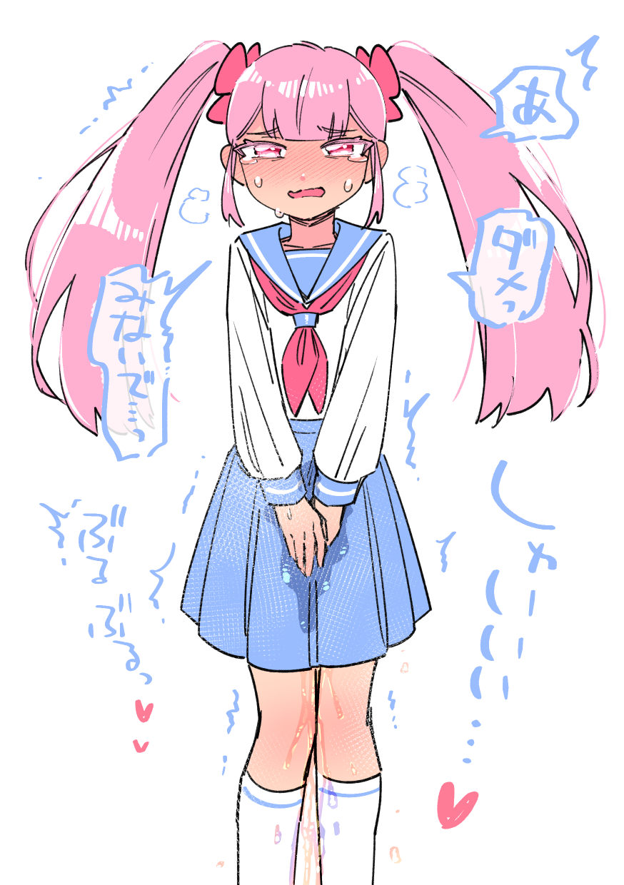 1girl blue_sailor_collar blunt_bangs blush breath collarbone colored_eyelashes ear_blush embarrassed female_focus flat_chest flat_color hair_ornament hair_scrunchie half-closed_eyes have_to_pee heart highres japanese_text kneehighs long_hair long_sleeves looking_at_viewer miniskirt neckerchief nose_blush open_mouth original own_hands_together pee peeing peeing_self pink_hair pink_scrunchie pleated_skirt raised_eyebrows red_eyes red_neckerchief sailor_collar scrunchie shirt sidelocks simple_background sketch skirt socks solo speech_bubble standing steam straight-on suzumushi_(tanpopo_cha) sweat talking tears translation_request trembling twintails v_arms wavy_mouth wet wet_clothes white_background white_shirt white_socks