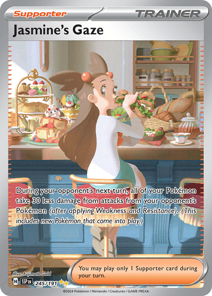 1girl alcremie artist_name baguette basket blueberry bread brown_eyes brown_hair cake card_(medium) character_name company_name copyright_name copyright_notice counter cup dress eating english_text eyelashes food fruit frying_pan fujimoto_gold gen_8_pokemon hair_bobbles hair_ornament holding holding_food holding_sandwich ice_cream indoors jasmine_(pokemon) lettuce looking_at_viewer looking_back nintendo official_art plate pokemon pokemon_card pokemon_hgss pokemon_tcg sandwich shelf short_twintails sitting solo stool strawberry strawberry_cake teacup teapot third-party_source tomato tomato_slice trading_card twintails white_dress