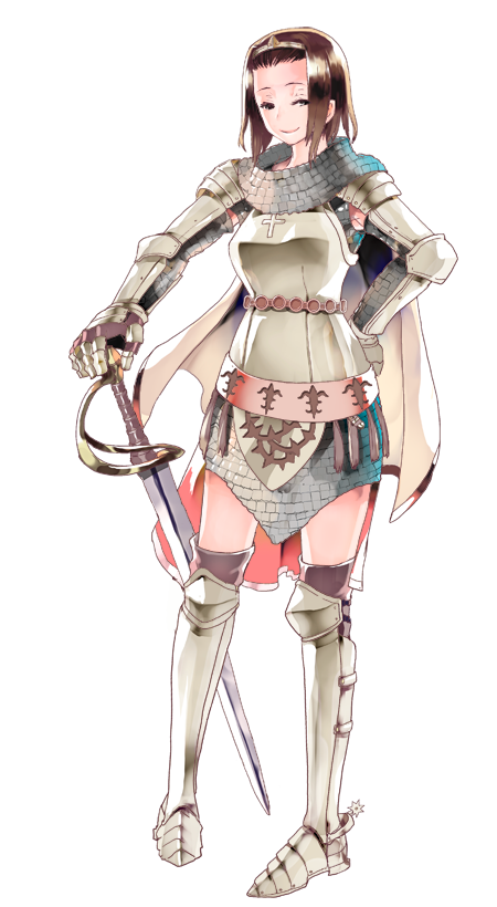 1girl armor armored_boots armored_skirt bangs_pinned_back belt boots breastplate brown_belt brown_hair brown_thighhighs cape chainmail circlet closed_mouth full_body gauntlets grey_eyes kiryuu_tsukasa_(citrocube) knight_(ragnarok_online) large_variant_set looking_at_viewer official_art pauldrons pommel ragnarok:_guild_masters ragnarok_online saber_(weapon) short_hair shoulder_armor simple_background smile smug solo spurs standing sword thighhighs transparent_background variant_set weapon white_cape