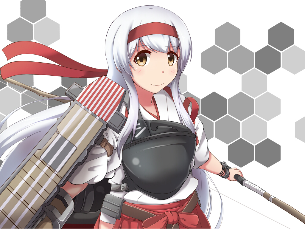 10s 1girl bow_(weapon) brown_eyes female_focus flight_deck hachimaki hakama hakama_short_skirt hakama_skirt headband holding honeycomb_(pattern) honeycomb_background honeycomb_pattern japanese_clothes kantai_collection long_hair looking_at_viewer machinery muneate shoukaku_(kancolle) shoukaku_kai_ni_(kancolle) skirt smile solo weapon white_hair yukimi_unagi