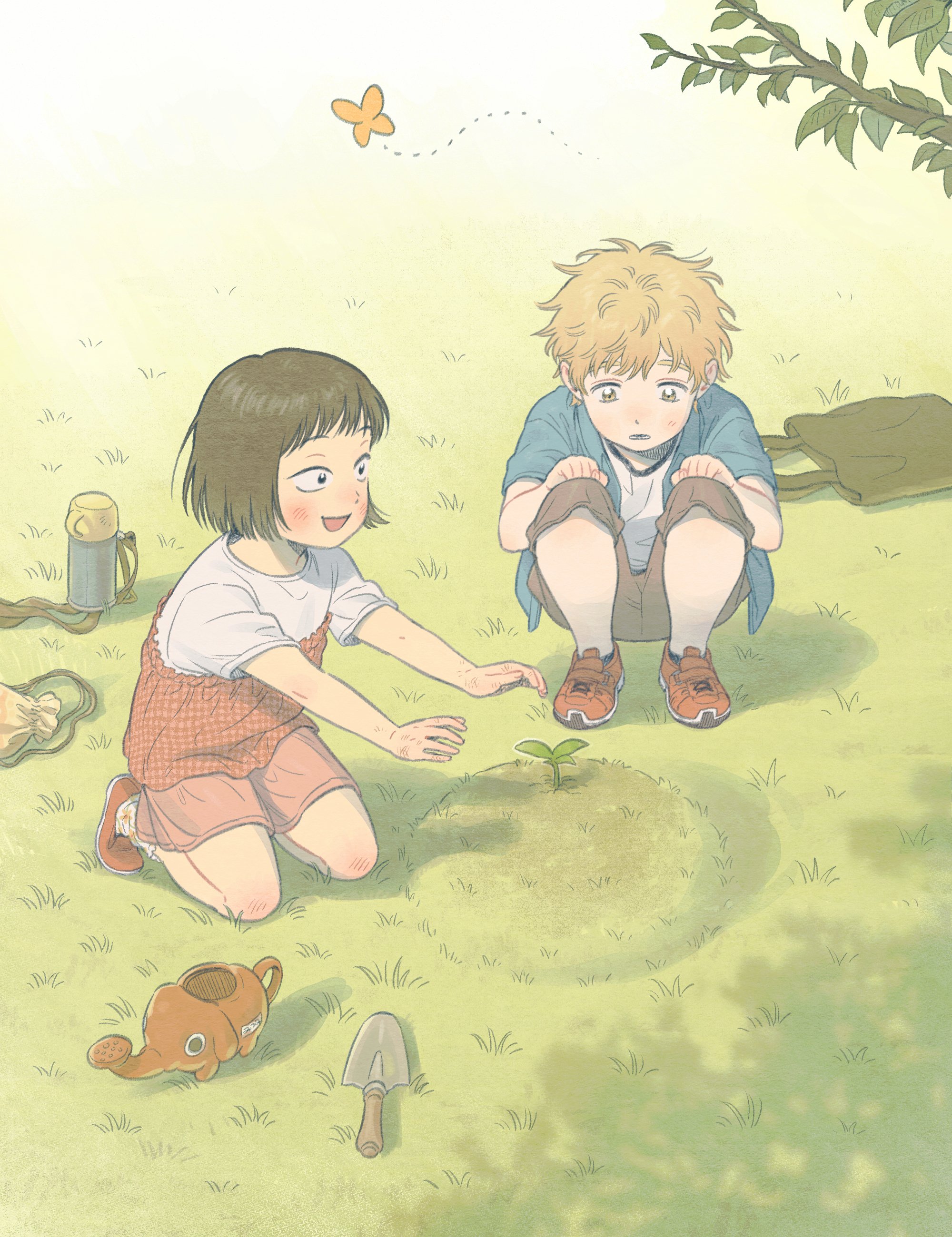 +_+ 1boy 1girl absurdres aged_down ankle_socks bag black_eyes black_hair blonde_hair blue_shirt blunt_bangs blush bob_cut branch brown_bag brown_shorts bug butterfly day dirty dirty_hands dolphin_shorts dot_nose facing_viewer floral_print floral_print_socks full_body gatan666 gingham gingham_shirt gradient_background grass green_background hands_on_own_knees happy highres insect iwakura_mitsumi knee_blush kneeling leaf light_blush looking_at_object looking_down lower_teeth_only messy_hair nature open_clothes open_mouth open_shirt orange_shoes orange_shorts outdoors outstretched_arms parted_lips plant pouch scratches shade shima_sousuke shirt shoes short_hair short_sleeves shorts shoulder_bag simple_background skip_to_loafer sneakers socks sprout squatting sunlight tareme teeth thermos thick_eyebrows tree tree_shade trowel tsurime two-tone_shirt undershirt vans watering_can white_shirt white_socks white_undershirt wide-eyed wispy_bangs yellow_background yellow_butterfly yellow_eyes