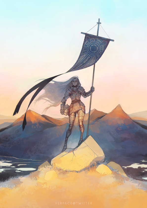 1girl armor flag helmet holding holding_flag holding_helmet horizon knight leg_armor long_hair mountain original outdoors plate_armor sky solo standing twitter_username ver_(verface) very_long_hair