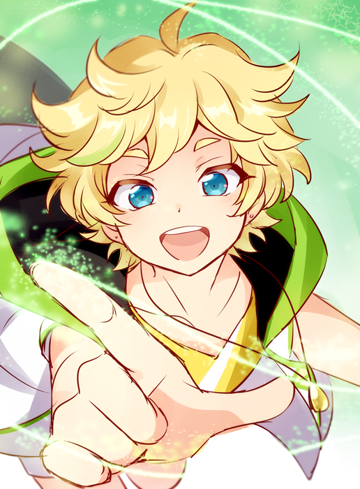 10s 1boy :d blonde_hair blue_eyes earrings ensemble_stars! harukawa_sora jewelry male_focus open_mouth pointing pointing_at_viewer short_hair smile solo take_no_ko thick_eyebrows