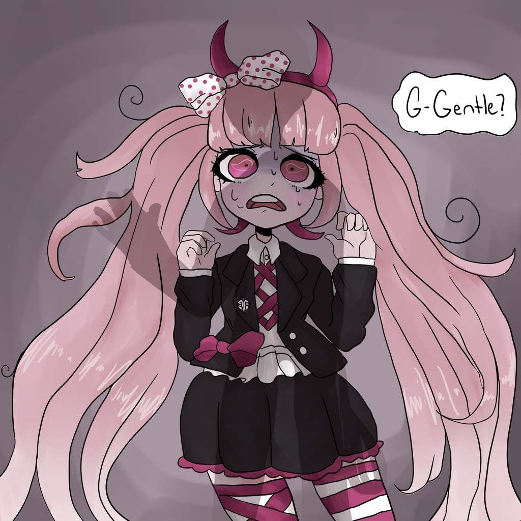 1girl ? black_jacket blush bow child collared_shirt danganronpa_(series) danganronpa_another_episode:_ultra_despair_girls english_text fake_horns frilled_skirt frills gradient_background hairband hands_up headband horned_headwear horns jacket long_hair long_sleeved_jacket long_sleeves matching_hair/eyes messy_hair open_mouth palms panic panicking pink_eyes pink_hair pink_hairband pink_headband pink_headwear pink_horns polka_dot polka_dot_bow ptsd scared shadow shirt simple_background skirt speech_bubble standing striped_clothes striped_thighhighs stutter sweatdrop teeth thighhighs tongue twintails upper_teeth_only utsugi_kotoko white_shirt