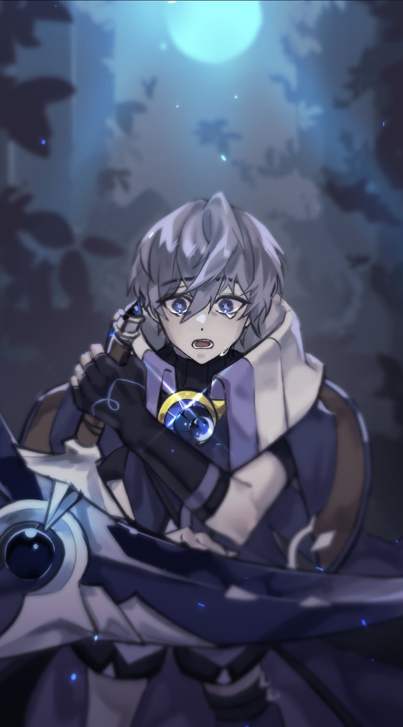 1boy asymmetrical_footwear bad_id bad_twitter_id black_boots black_gloves black_shirt blue_brooch blue_eyes blue_moon boots commentary_request cowboy_shot crossed_bangs crying crying_with_eyes_open dot_nose elsword fighting_stance fingerless_gloves forest frown full_moon gleam gloves grey_hair hair_between_eyes highres holding holding_scythe horrified jyuder korean_commentary light_particles male_focus mismatched_footwear moon nature night noah_ebalon open_mouth outdoors scarf scythe shirt short_hair short_sleeves solo straight-on tears teeth thigh_boots white_boots white_scarf wide-eyed