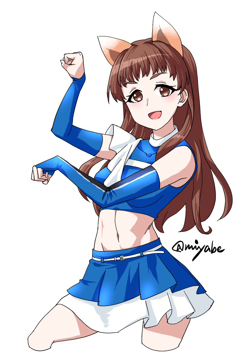 1girl animal_ears belt blue_skirt breasts brown_eyes brown_hair cheerleader crop_top detached_sleeves fox_ears hattori_toko highres hokkaido_nippon-ham_fighters idolmaster idolmaster_cinderella_girls kitsune_dance long_hair medium_breasts midriff miyabe_makoto navel nippon_professional_baseball pleated_skirt skirt solo two-tone_skirt very_long_hair white_background white_belt white_skirt