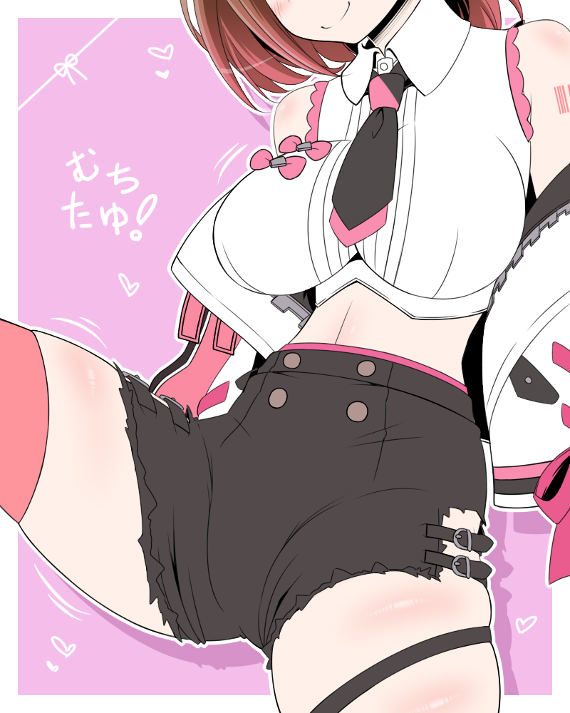 1girl black_necktie black_shorts blush breasts brown_hair closed_mouth collared_shirt commentary_request cowboy_shot crop_top gradient_background head_out_of_frame heart impossible_clothes impossible_shirt jacket large_breasts midriff miso_panda nanashi_inc. necktie open_clothes open_jacket pink_background pink_hair pink_thighhighs shadow shiny_skin shirt short_hair short_shorts shorts single_thighhigh smile solo thighhighs torn_clothes torn_shorts two-tone_background virtual_youtuber white_background white_jacket white_shirt yunohara_izumi