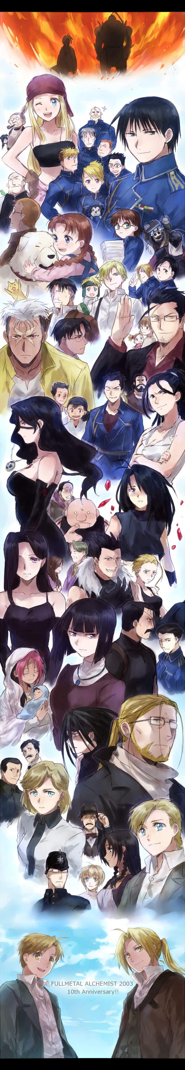 absolutely_everyone absurdres alex_louis_armstrong alexander_(fma) alphonse_elric alphonse_heiderich barry_the_chopper bird black_hair black_hayate blonde_hair blue_eyes brown_hair cat conqueror_of_shambala dante_(fma) dark-skinned_female dark_skin den_(fma) denny_brosh dietlinde_eckhart dog edward_elric elicia_hughes envy_(fma) everyone father_cornello fletcher_tringham frank_archer fritz_lang fullmetal_alchemist glasses gluttony_(fma) gracia_hughes greed_(fma) heymans_breda highres izumi_curtis jean_havoc jewelry juliet_douglas kain_fuery karl_haushofer leo_(fma) lieutenant_yoki long_image lust_(fma) lyra_(fma) maes_hughes maria_ross martel_(fma) military military_uniform multicolored_hair multiple_boys multiple_girls nina_tucker noah_(fma) one_eye_closed pendant pinako ponytail pride_(fma) puppy red_eyes rick_(fma) riru riza_hawkeye rose_thomas rose_tomas roy_mustang russell_tringham scar&#039;s_brother scar_(fma) sheska_(fma) shou_tucker sig_curtis slicer_brothers sloth_(fma) solf_j._kimblee sparkle tall_image tim_marcoh trisha_elric van_hohenheim vato_falman wink winry_rockbell wrath_(fma) wrath_curtis yellow_eyes