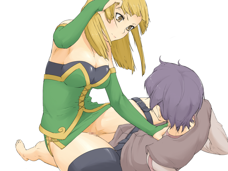 1boy 1girl adjusting_hair barefoot belt black_belt black_boots black_tube_top blonde_hair bmp-to-png_conversion boots breasts brown_eyes brown_tunic censored claudia_(mon-musu_quest!) cleavage femdom game_cg girl_on_top green_bridal_gauntlets green_tunic hand_on_another&#039;s_chest hetero ishinoyari large_breasts light_blush light_smile long_hair looking_at_another luka_(mon-musu_quest!) mon-musu_quest! mosaic_censoring non-web_source purple_hair rape sex shirt short_hair sideboob simple_background straddling strapless thigh_boots transparent_background tube_top tunic v-shaped_eyebrows vaginal white_shirt