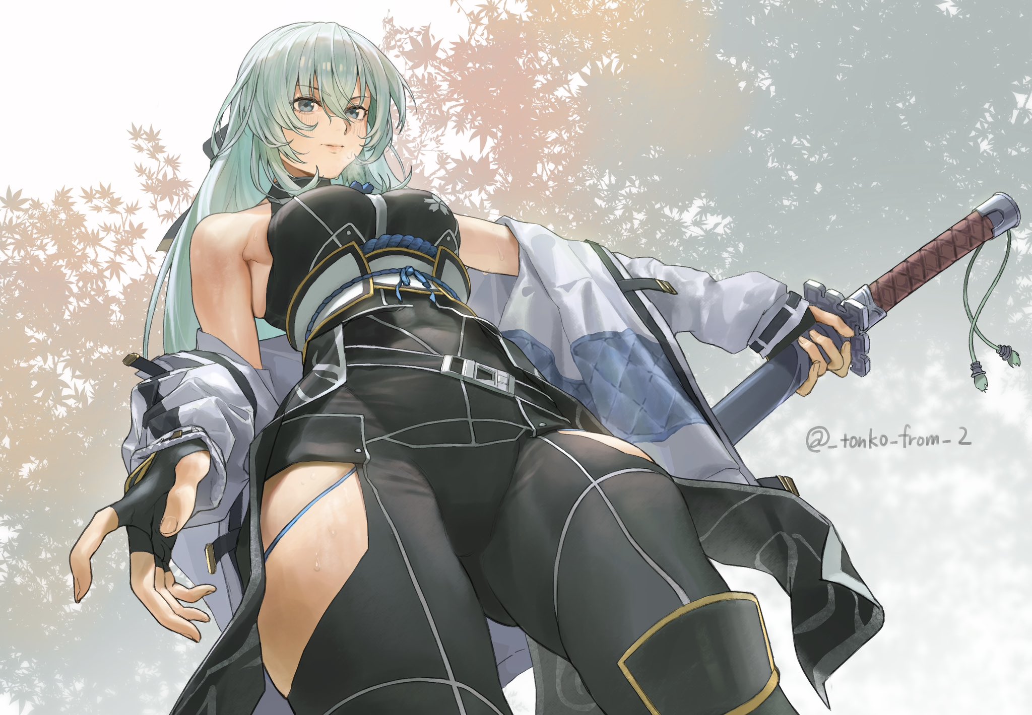 1girl aqua_hair bare_shoulders blue_eyes bodysuit closed_mouth clothing_cutout commentary_request eiyuu_densetsu fingerless_gloves from_below glove_cutout gloves highres holding holding_sword holding_weapon jacket katana kuro_no_kiseki_(series) kuro_no_kiseki_i leaf leg_cutout long_hair looking_at_viewer obi obijime off_shoulder open_clothes open_jacket reverse_grip sash shizuna_rem_misurugi sleeveless sleeveless_bodysuit standing sword tonko_from twitter_username weapon white_background white_jacket