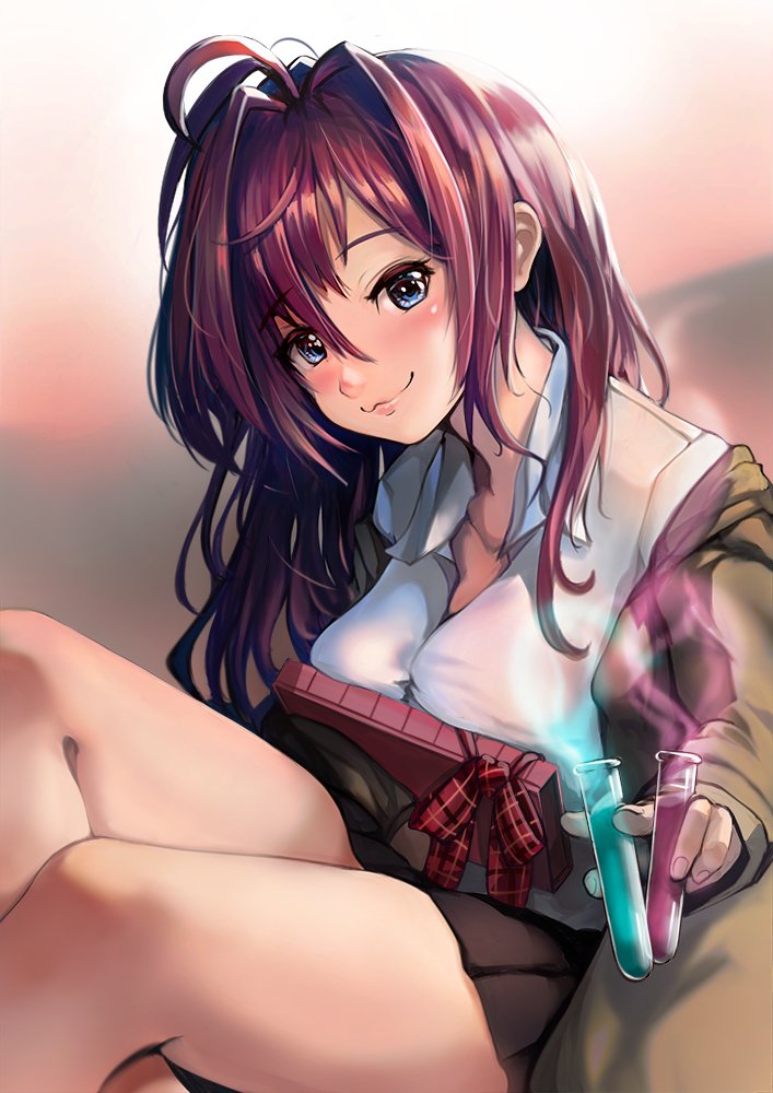 1girl :3 collarbone comic-z dress_shirt female_focus green_eyes hair_intakes ichinose_shiki idolmaster idolmaster_cinderella_girls looking_at_viewer red_hair shirt skirt smoke smoke_trail solo test_tube thighs