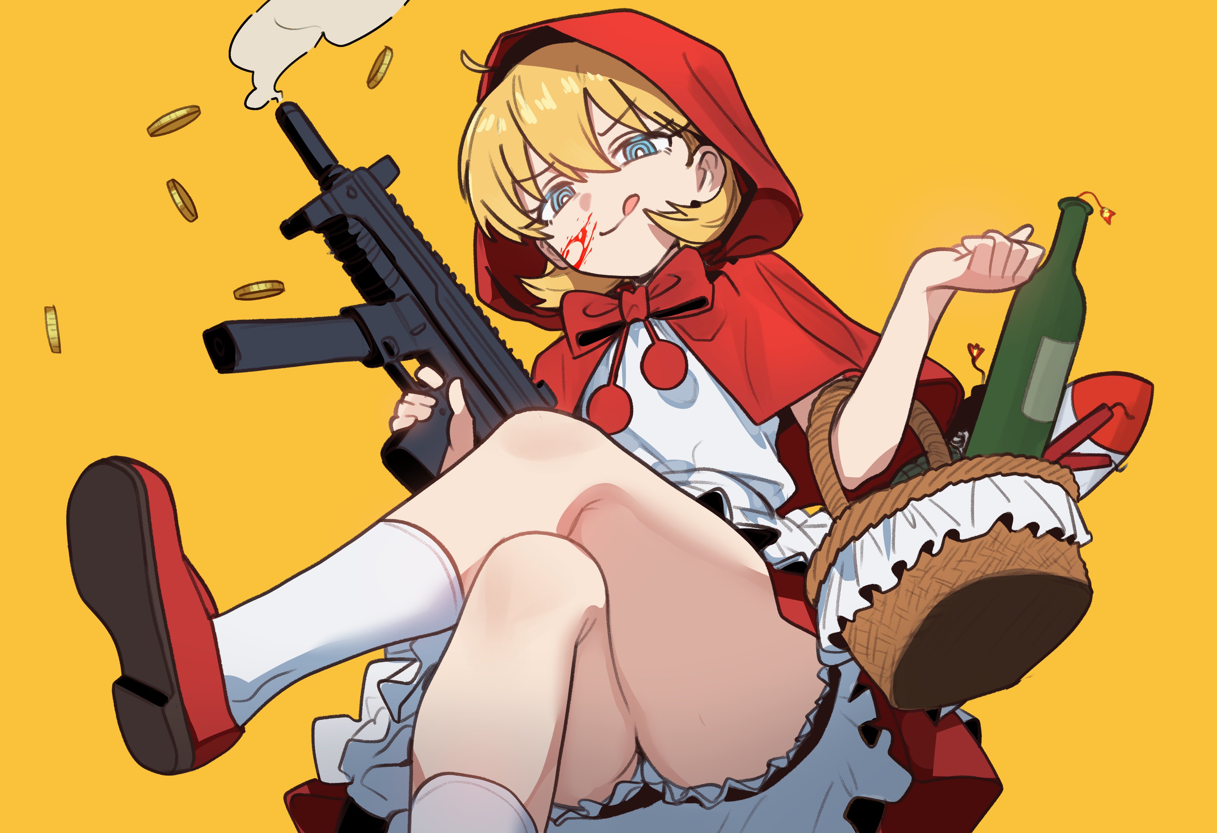 1girl absurdres b.b._hood basket blonde_hair blood_on_cheek bloomers blue_eyes bottle bright_pupils capelet crossed_legs darkstalkers ebora gun highres holding holding_basket holding_gun holding_weapon machine_gun red_capelet red_hood red_shoes shoes short_hair simple_background socks solo thighs underwear weapon white_bloomers white_pupils white_socks wine_bottle yellow_background