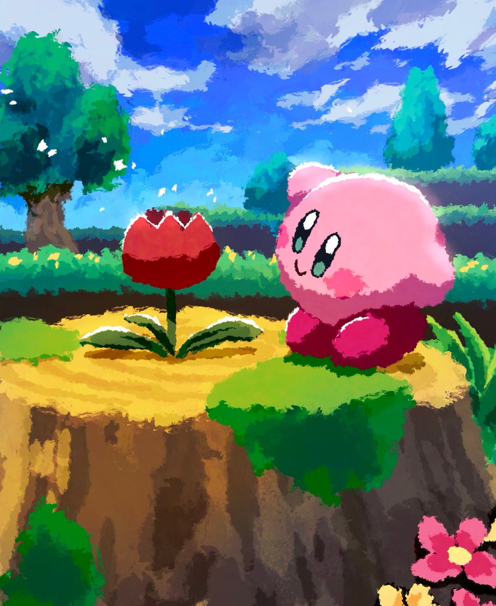 arm_up aruco_co blue_eyes blue_sky blush blush_stickers closed_mouth cloud day flower grass highres kirby kirby_(series) moss nintendo no_humans outdoors pink_flower red_flower sky smile solo standing tree tree_stump tulip_(kirby) waving yellow_flower