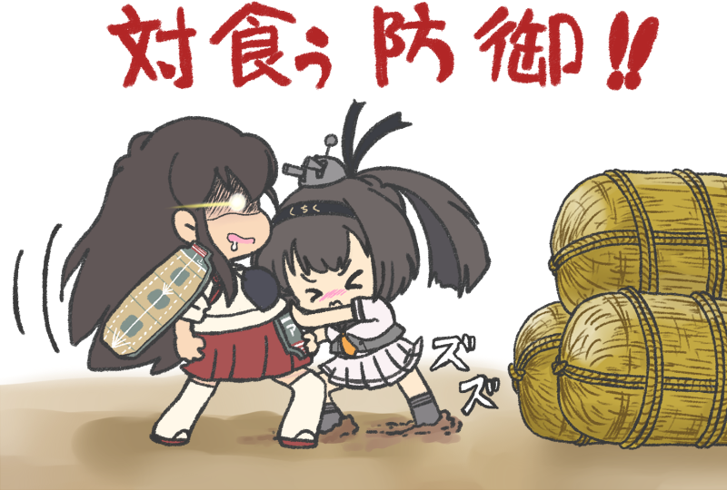 2girls akagi_(kancolle) akizuki_(kancolle) black_hair black_headband black_sailor_collar chibi closed_eyes commentary_request drooling ferret-san flight_deck glowing glowing_eye hakama hakama_skirt hay_bale headband japanese_clothes kantai_collection long_hair multiple_girls neckerchief orange_neckerchief ponytail pushing red_skirt sailor_collar saliva school_uniform serafuku skirt translation_request white_skirt