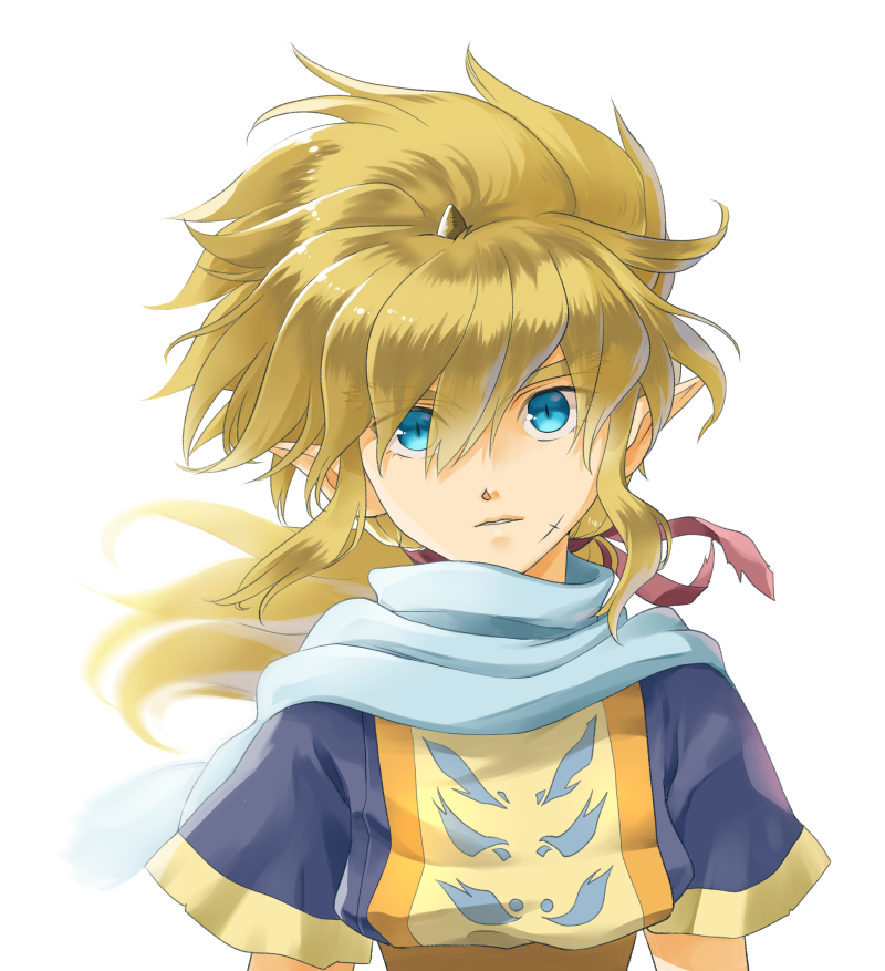 1boy black_tunic blue_eyes brown_hair chigayasan commentary_request looking_at_viewer male_focus mashin_eiyuuden_wataru pointy_ears ponytail scar scar_on_face short_sleeves simple_background slit_pupils solo toraou tunic upper_body white_background yellow_tabard