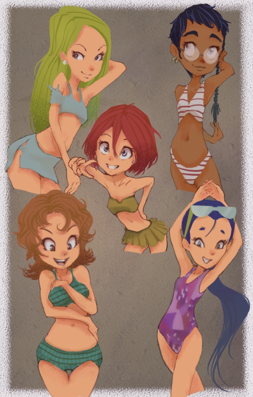 5girls arms_up bikini bikini_skirt black_hair blue_bikini blue_hair braid breasts brown_hair collarbone conoghi cornelia_hale dark_skin earrings eyewear_on_head green_bikini green_eyes green_hair grey_background grin hand_on_own_hip hay_lin irma_lair jewelry long_hair looking_at_viewer multiple_girls navel one-piece_swimsuit open_mouth plaid_bikini plaid_clothes ponytail purple_one-piece_swimsuit red_hair short_hair small_breasts smile standing striped_bikini striped_clothes sunglasses sunglasses_on_head swimsuit taranee_cook teeth v w.i.t.c.h. white_bikini will_vandom