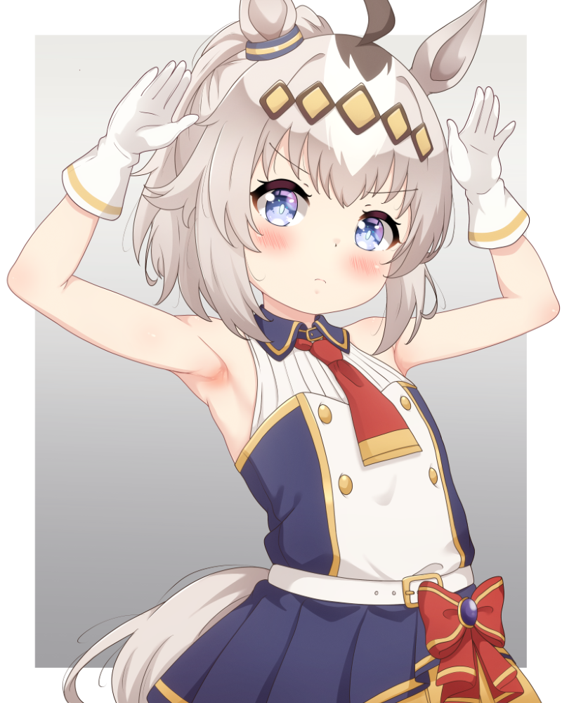 1girl animal_ears armpits arms_up belt belt_buckle blue_dress blue_eyes blush border bow brown_hair buckle closed_mouth collared_dress commentary_request dress dress_bow ear_ornament flat_chest gloves grey_background grey_hair horse_ears horse_girl horse_tail looking_at_viewer medium_hair multicolored_hair necktie official_alternate_costume oguri_cap_(umamusume) outside_border ponytail red_bow red_necktie sleeveless sleeveless_dress solo tail umamusume umamusume:_cinderella_gray upper_body white_belt white_border white_gloves white_hair zendamu