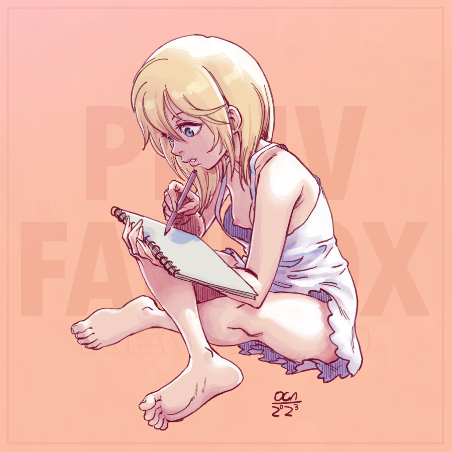 1girl 2023 bare_legs barefoot blonde_hair blue_eyes breast_slip breasts collarbone downblouse dress feet female_focus full_body holding holding_pencil indian_style kingdom_hearts kingdom_hearts:_chain_of_memories lips medium_hair namine nipples no_bra oca-world paid_reward_available parted_lips pencil sitting sketchbook sleeveless sleeveless_dress small_breasts soles solo spaghetti_strap thighs toes wardrobe_malfunction white_dress