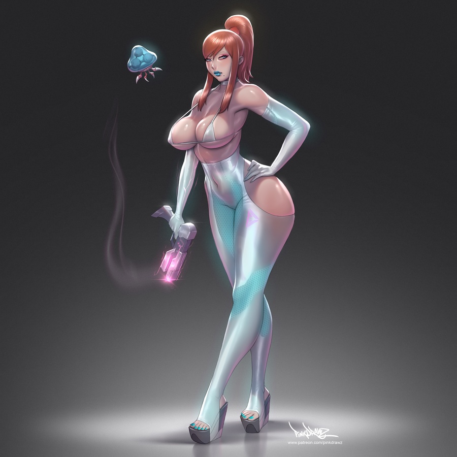 1girl armpits blonde_hair blue_lips bra breasts choker elbow_gloves gloves gun hand_on_own_hip hip_vent large_breasts latex looking_at_viewer metroid metroid_(creature) mole mole_under_mouth nintendo pants pinkdrawz platform_heels ponytail samus_aran sidelocks underwear weapon white_bra