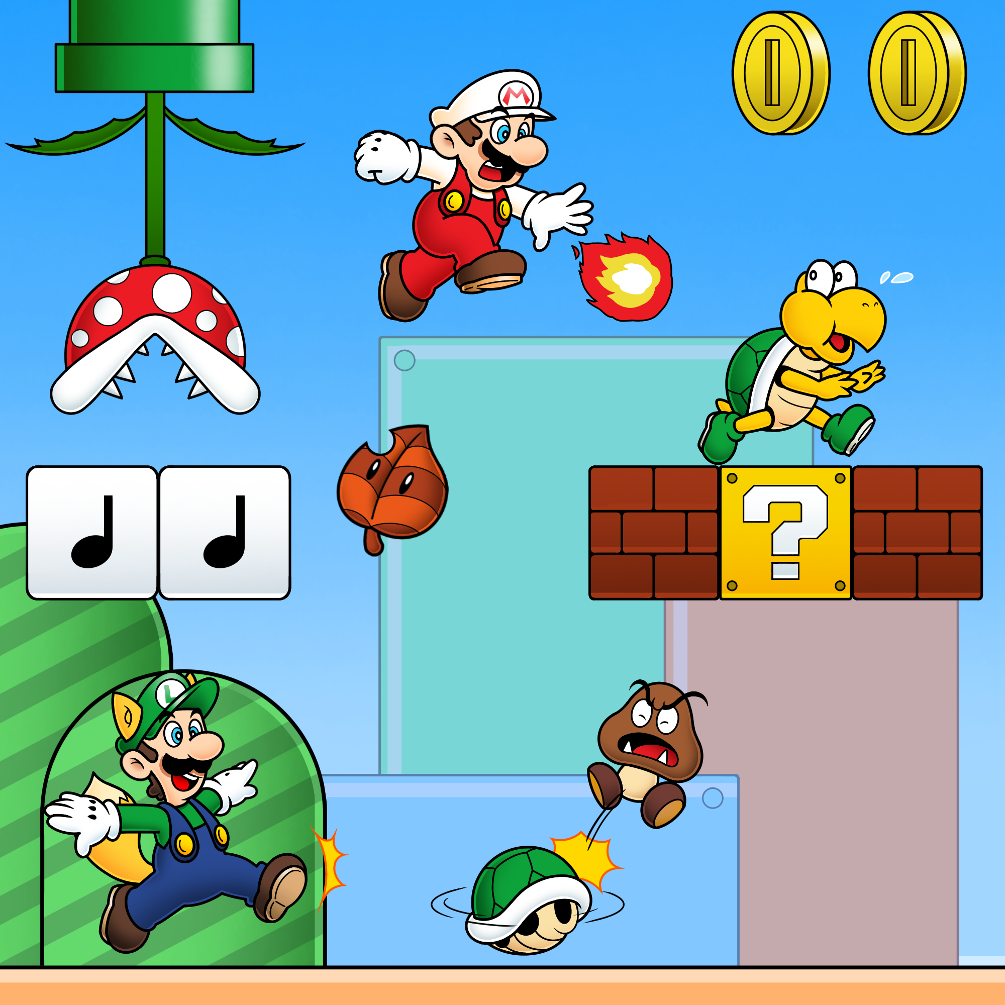 2boys ?_block animal_ears blue_eyes brothers brown_hair coin coins day facial_hair fire fire_mario gloves gold_coin goomba green_shell_(mario) grin hat highres jumping koopa_shell koopa_troopa luigi mario mario_(series) multiple_boys musical_note musical_note_block mustache nintendo note_block_(mario) overalls piranha_plant power-up raccoon_ears raccoon_luigi rukisan_1117 running serious siblings smile super_leaf super_mario_bros._3 tail warp_pipe