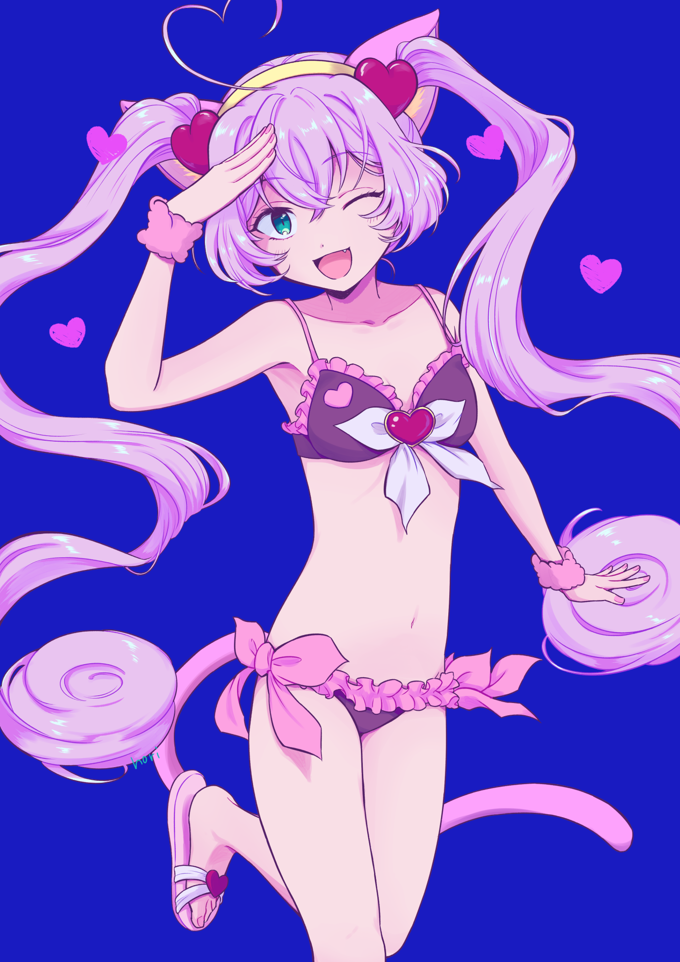 1girl ;d ahoge animal_ears aqua_eyes artist_name bikini black_bikini blue_background cat_ears cat_tail chiyo_nori collarbone fang female_focus frilled_bikini frills hair_between_eyes hairband head_tilt heart heart_ahoge heart_print highres leg_up long_hair looking_at_viewer navel one_eye_closed open_mouth pink_hair rosia_(show_by_rock!!) salute show_by_rock!! smile solo sweatband swimsuit tail twintails very_long_hair