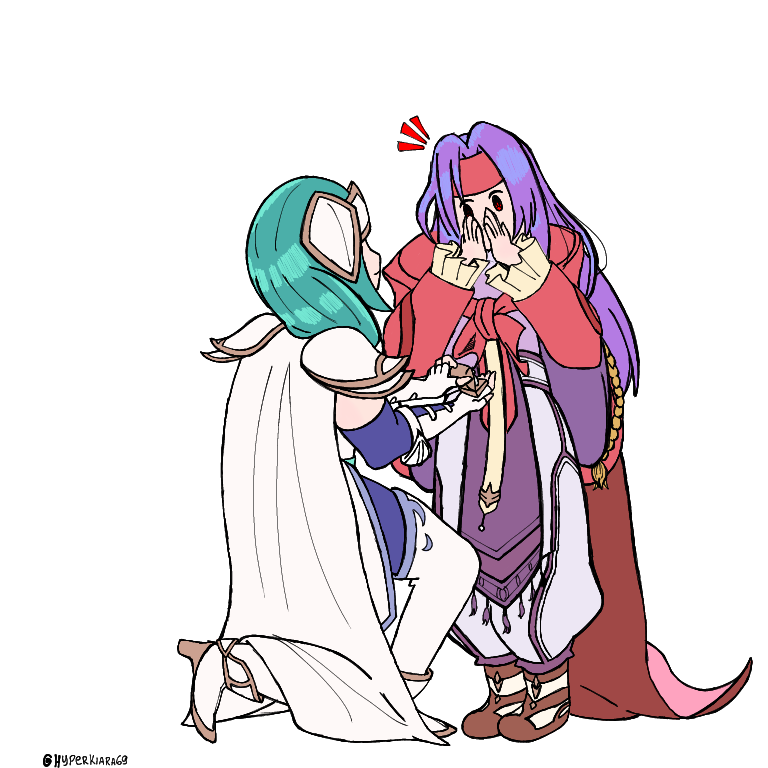 2girls aqua_hair armor boots cape couple fire_emblem fire_emblem:_path_of_radiance fire_emblem:_radiant_dawn headband headgear high_heel_boots high_heels hyperkiara69 jewelry kneeling marriage_proposal multiple_girls nintendo on_one_knee ornate_ring purple_hair ring sanaki_kirsch_altina shoulder_armor sigrun_(fire_emblem) surprised wedding wedding_ring yuri