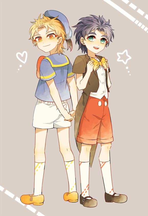 2boys adjusting_clothes adjusting_necktie aged_down arms_behind_back back-to-back bad_id bad_pixiv_id blonde_hair blue_hair bow bowtie child cosplay dio_brando disney donald_duck donald_duck_(cosplay) green_eyes hat jojo_no_kimyou_na_bouken jonathan_joestar kneehighs male_focus mickey_mouse mickey_mouse_&amp;_friends mickey_mouse_(cosplay) multiple_boys necktie orange_eyes sailor sailor_hat shoes shorts shuntaro_(syun_gaomu) simple_background socks striped_background tuxedo_jacket