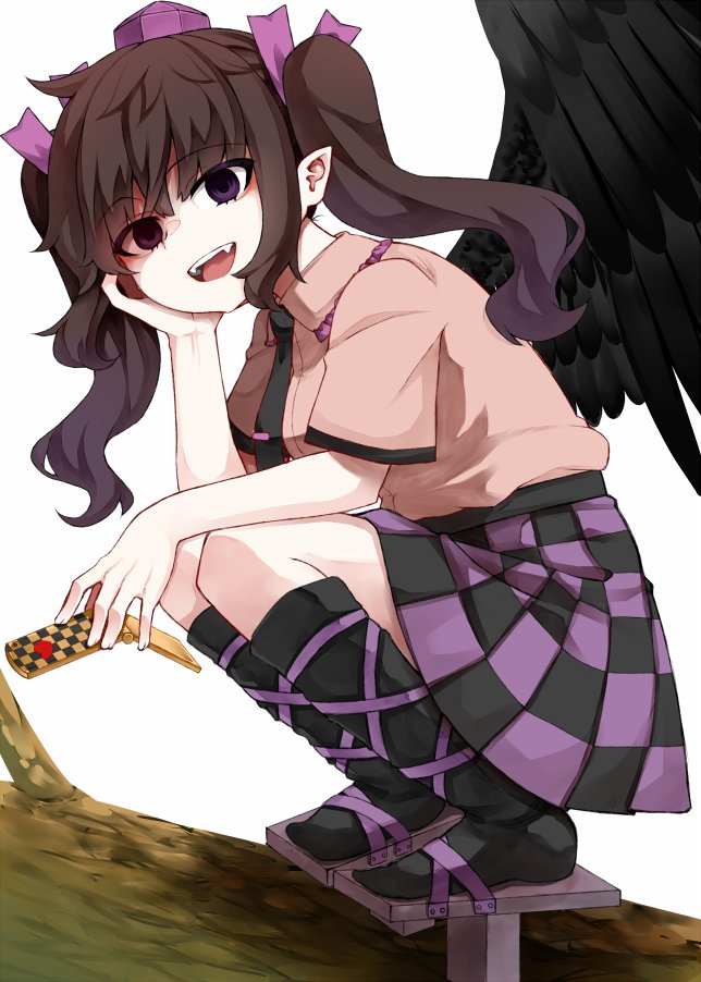 1girl :d black_necktie black_skirt black_socks black_wings brown_hair cellphone checkered_clothes checkered_skirt collared_shirt commentary fangs feathered_wings flip_phone full_body geta hat head_rest himekaidou_hatate holding holding_phone kneehighs long_hair looking_at_viewer necktie open_mouth phone pink_shirt purple_eyes purple_hat purple_ribbon purple_skirt ribbon shirt short_sleeves skirt smile socks solo squatting teeth tengu-geta tie_clip tokin_hat touhou twintails upper_teeth_only white_background wings zetsumame