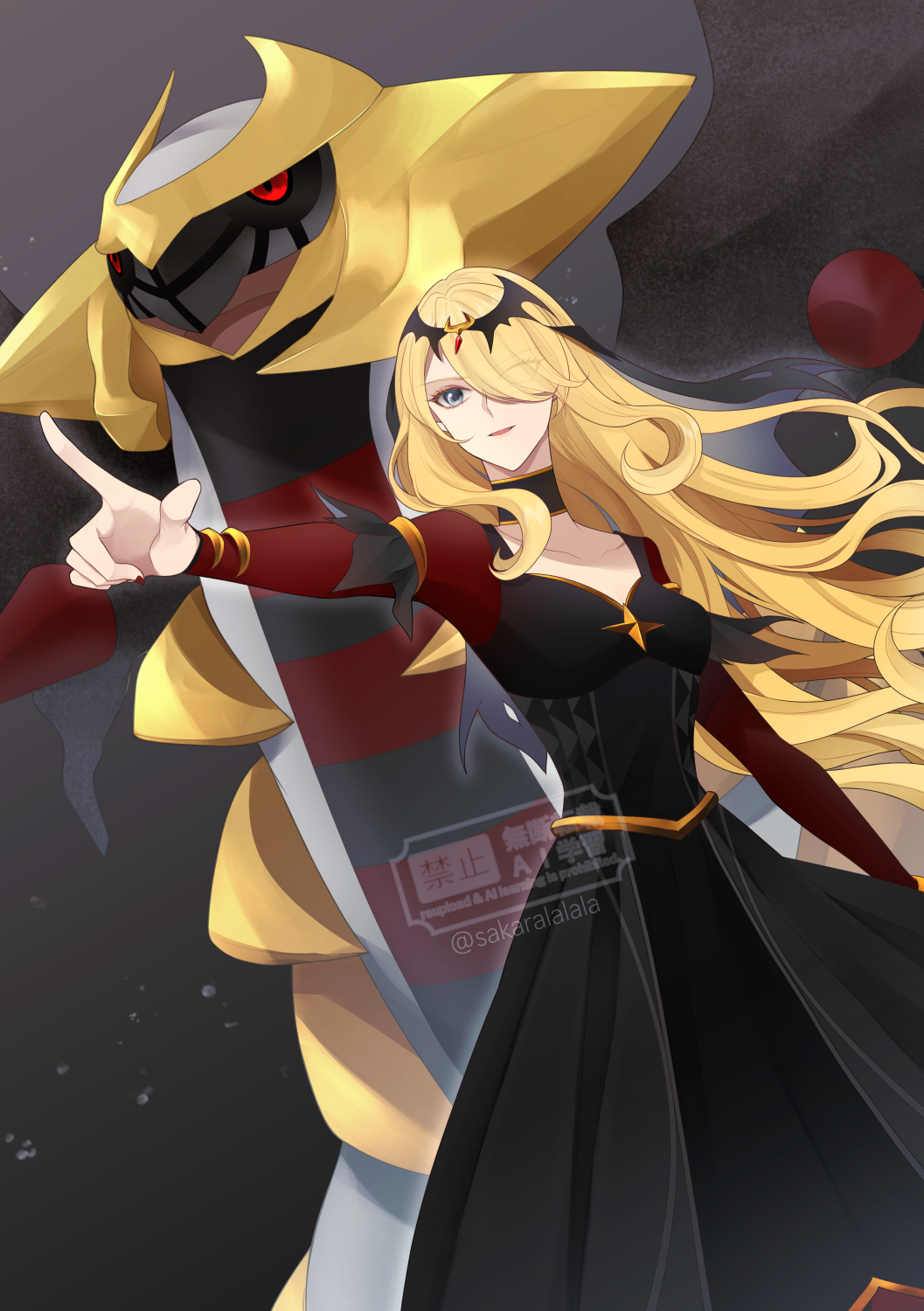 1girl black_dress blonde_hair cynthia_(pokemon) cynthia_(sygna_suit)_(renegade)_(pokemon) dress gen_4_pokemon giratina giratina_(altered) grey_eyes hair_over_one_eye highres legendary_pokemon long_hair nail_polish nintendo official_alternate_costume pointing pokemon pokemon_dppt sakaralalala watermark wavy_hair