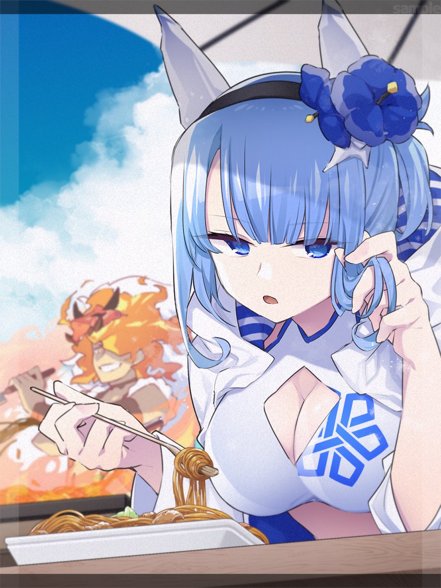 1boy 1girl blue_sky breasts cleavage commission fire_emblem fire_emblem_heroes food highres kishiro_azuhito large_breasts muspell_(fire_emblem) nifl_(fire_emblem) nifl_(summer)_(fire_emblem) nintendo noodles official_alternate_costume skeb_commission sky