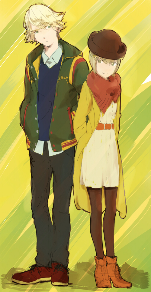 1boy 1girl belt black_pants blonde_hair brown_footwear brown_hair brown_pantyhose coat dress full_body green_jacket hands_in_pockets huang_baoling ivan_karelin jacket mitosa pants pantyhose red_scarf scarf short_hair smile tiger_&amp;_bunny white_dress yellow_coat