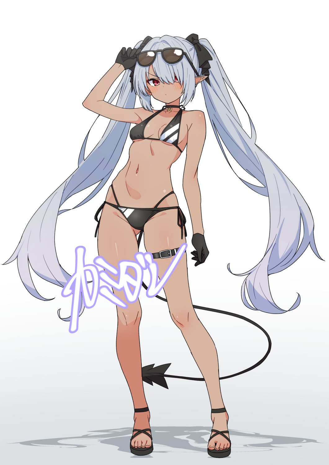 1girl belt bikini black_bikini black_gloves black_tail blue_archive blush breasts dark-skinned_female dark_skin demon_tail eyewear_on_head full_body gloves gradient_background grey_background grey_hair highres iori_(blue_archive) iori_(swimsuit)_(blue_archive) kamidan long_hair looking_at_viewer medium_breasts navel official_alternate_costume red_eyes sandals shadow solo standing stomach sunglasses swimsuit tail thigh_belt thigh_strap toes twintails very_long_hair white_background