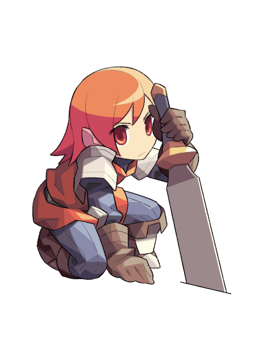 1girl anime_coloring archived_source arm_between_legs armor between_legs black_gloves black_shirt black_sleeves blue_pants boots brown_boots closed_mouth counter deformed expressionless final_fantasy final_fantasy_iii full_body gloves hand_between_legs holding holding_sword holding_weapon itsumo_nokoru knee_boots looking_at_viewer no_nose on_one_knee pants pauldrons planted planted_sword planted_weapon red_eyes refia shirt shoulder_armor simple_background solo square_enix surcoat sword warrior warrior_(final_fantasy) weapon white_background