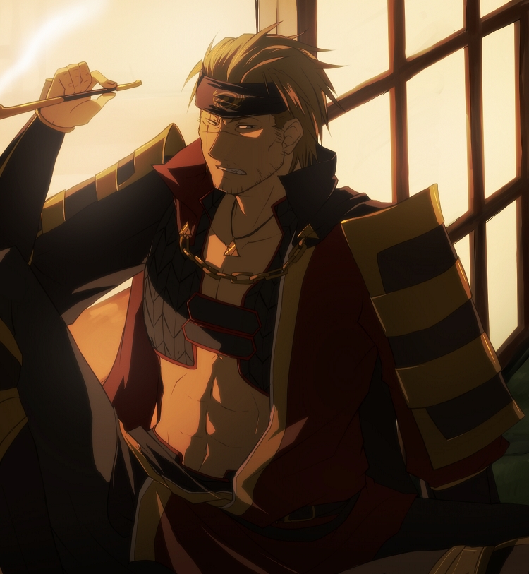 1boy abs armor black_armor black_headband black_pants black_shirt blonde_hair brown_pants crossed_legs dappled_sunlight dress_shirt elbow_on_knee evening facing_to_the_side gauntlets gold_necklace grey_eyes grimace gurast hair_slicked_back hand_on_ground headband holding holding_smoking_pipe indoors japanese_armor japanese_clothes jewelry kimono knee_up long_sleeves looking_to_the_side male_focus mature_male midriff midriff_peek necklace on_ground open_clothes open_door open_kimono open_window original outdoors pants partially_unbuttoned partially_undressed pinching popped_collar red_kimono samurai scar scar_on_face shirt shoulder_armor shoulder_plates sitting smoke smoking smoking_pipe sunlight window windowsill yellow_trim