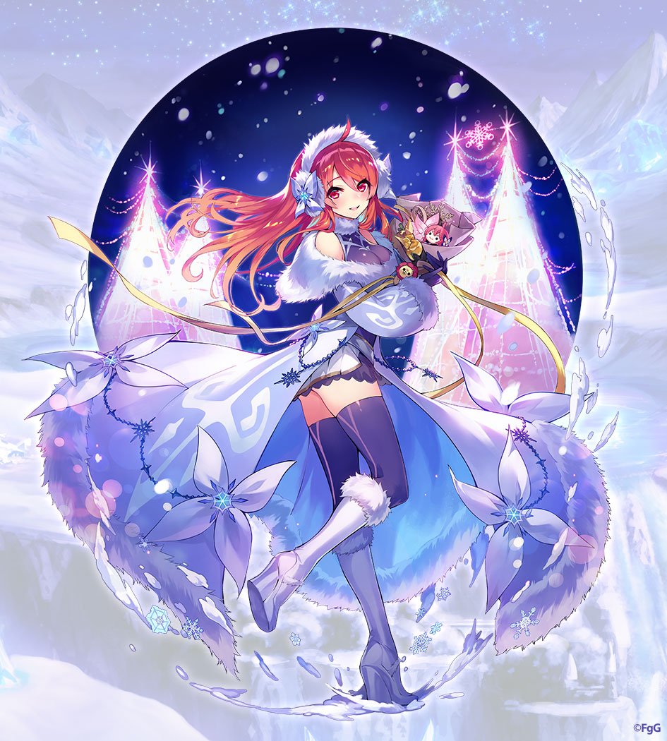 1girl ahoge bare_shoulders boots bouquet character_doll christmas coat commentary_request doll flower full_body hairband hercule_(phantom_of_the_kill) high_heel_boots high_heels holding holding_bouquet microskirt night night_sky official_alternate_costume official_art outdoors phantom_of_the_kill pleated_skirt purple_thighhighs red_hair second-party_source see-through_clothes shibuhiko skirt sky snow solo thighhighs white_boots white_coat white_hairband white_skirt winter