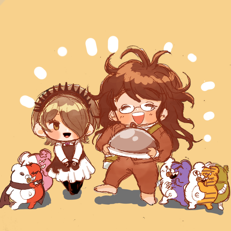 1boy 1girl ^_^ apron barefoot bear black_apron black_footwear black_gloves black_headdress black_scarf blonde_hair blush_stickers boots bow bowtie brown_hair brown_jacket brown_pants brown_sleeves brown_suit chest_hair chibi closed_eyes coattails collar collared_dress collared_jacket danganronpa_(series) danganronpa_v3:_killing_harmony dress eyelashes flower formal_clothes full_body glasses gloves gokuhara_gonta green_eyes grey_collar hair_flower hair_ornament hair_over_one_eye hands_on_lap holding holding_plate bug_cage jacket layered_sleeves long_hair long_sleeves looking_at_viewer maid_headdress medium_dress medium_hair messy_hair monodam monokid monophanie monosuke monotaro_(danganronpa) notice_lines open_mouth pacifier pants pink_flower plate purple_bow purple_bowtie robot scarf shadow shirt simple_background smile sugi_haeru suit teeth thigh_boots tojo_kirumi upper_teeth_only very_long_hair white_dress white_shirt white_sleeves yellow_background