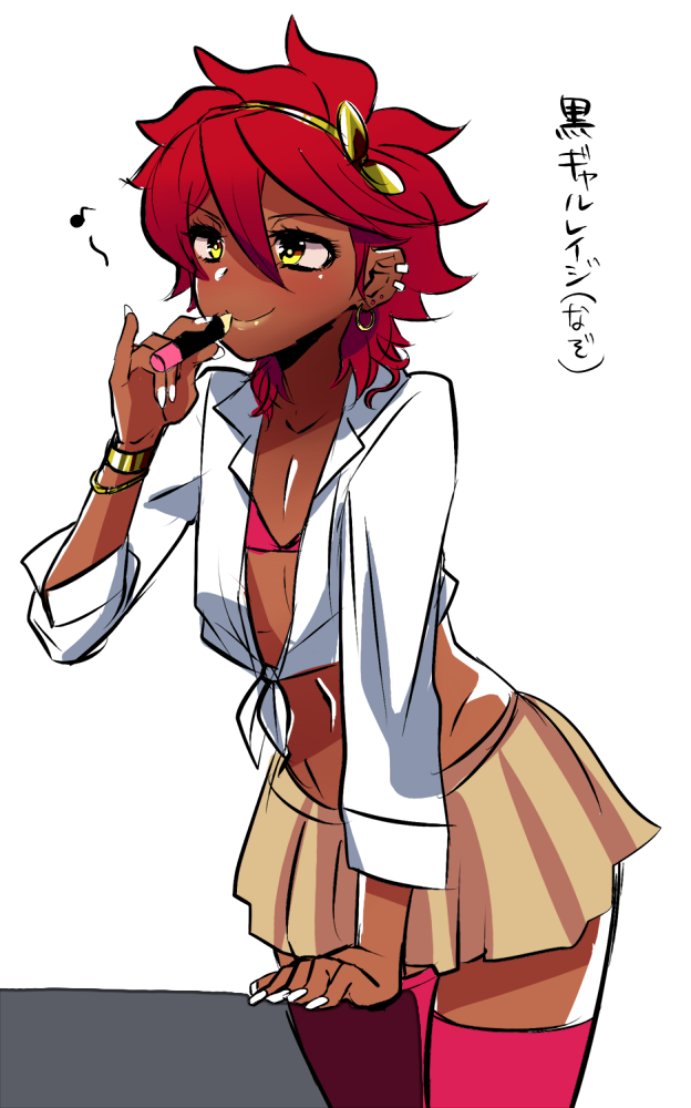 10s 1boy applying_makeup applying_own_makeup bad_id bad_pixiv_id crossdressing crossdressing_(mtf) dark_skin earrings gundam gundam_build_fighters gyaru gyaruo hairband housengo jewelry lipgloss male_focus midriff navel red_hair red_thighhighs reiji_(gundam_bf) shirt simple_background skirt smile solo tan thighhighs tied_shirt trap white_background yellow_eyes