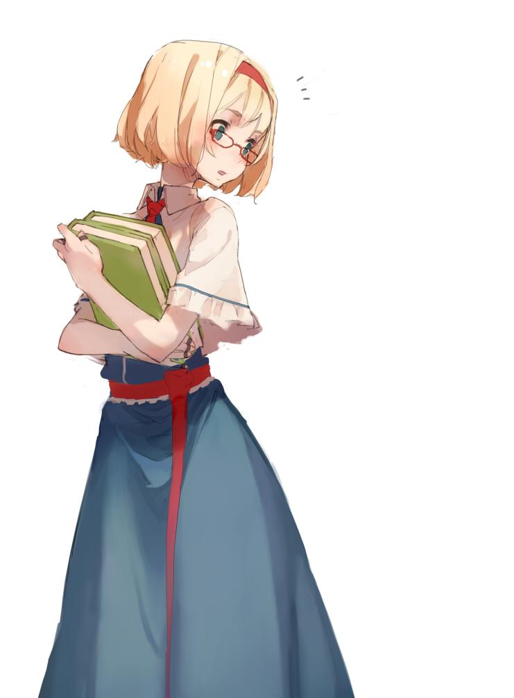 1girl alice_margatroid aqua_eyes bespectacled blonde_hair book capelet female_focus glasses hairband looking_away mmlu_(honwa_karesu) red-framed_eyewear short_hair sketch solo touhou white_background