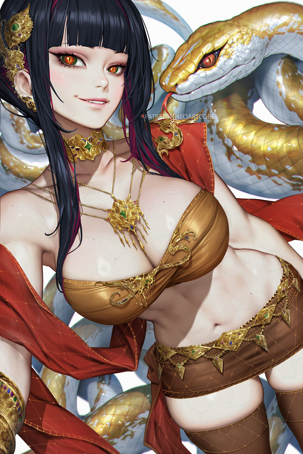 1girl bandeau black_hair blunt_bangs breasts cleavage dutch_angle gold_choker gold_pendant green_eyes hair_ornament highres large_breasts long_hair looking_at_viewer miniskirt multicolored_eyes multicolored_hair navel neoartcore new_year original purple_hair red_eyes skirt slit_pupils smile snake solo streaked_hair thighhighs toned two-tone_eyes two-tone_hair