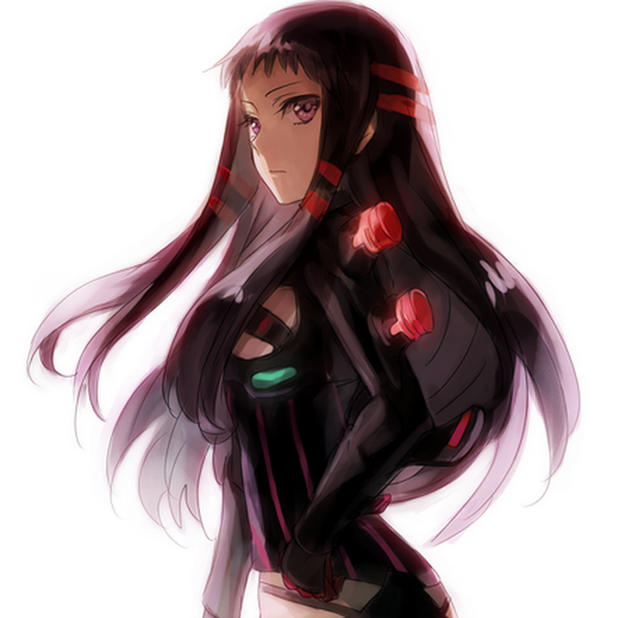 1girl ar_tonelico ar_tonelico_ii artist_request black_hair breasts female_focus jakuri_(ar_tonelico) long_hair looking_at_viewer purple_eyes sidelocks small_breasts solo white_background