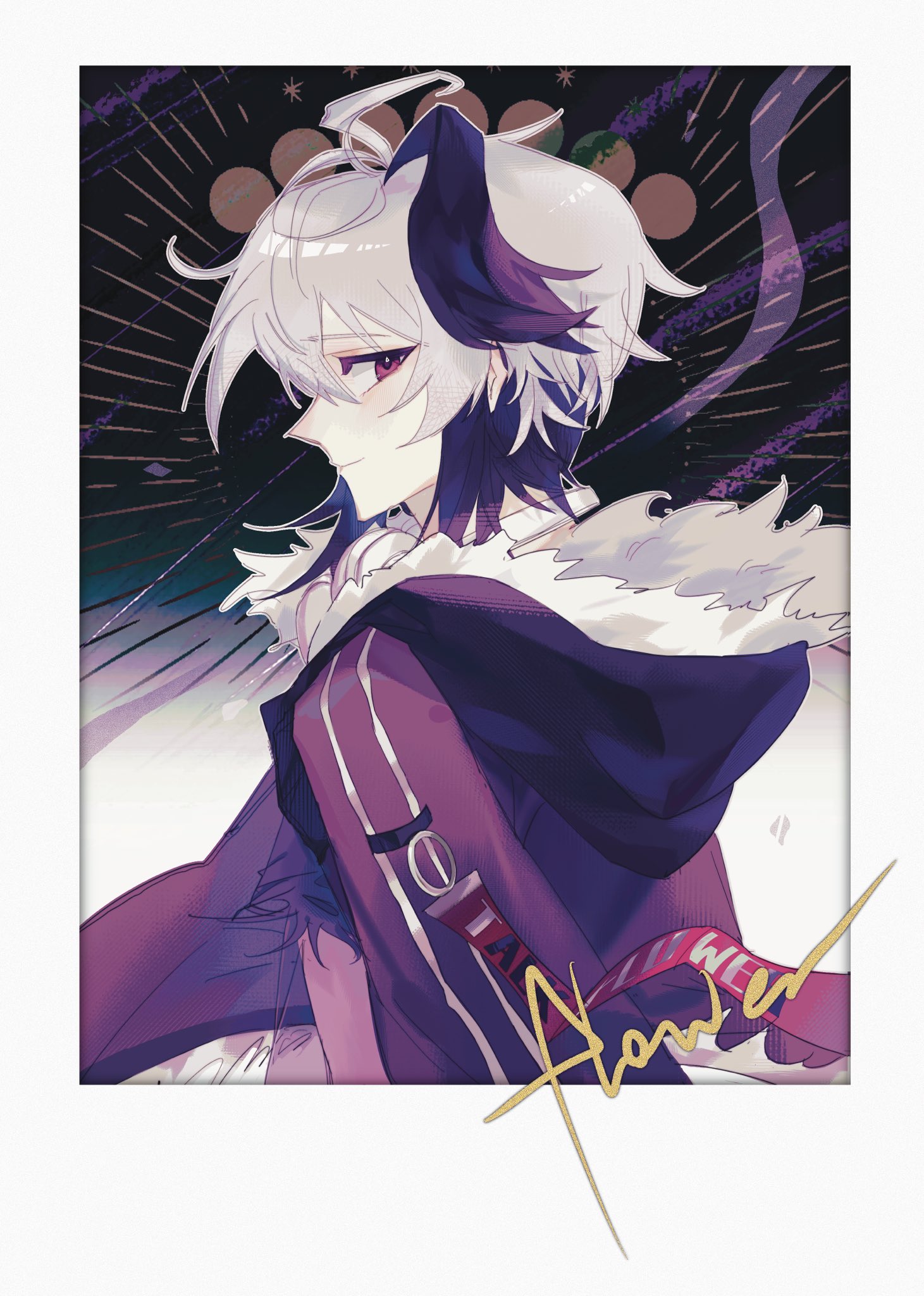 1girl ahoge androgynous black_hair character_name crop_top cropped_shirt flower_(gynoid_talk) flower_(vocaloid) from_side fur_trim headphones highres jacket looking_at_viewer messy_hair multicolored_hair open_clothes open_jacket purple_eyes purple_jacket purple_shirt see-through_clothes shirt short_hair short_hair_with_long_locks tomboy torn_clothes torn_shirt two-tone_hair veither913zeg vocaloid white_hair