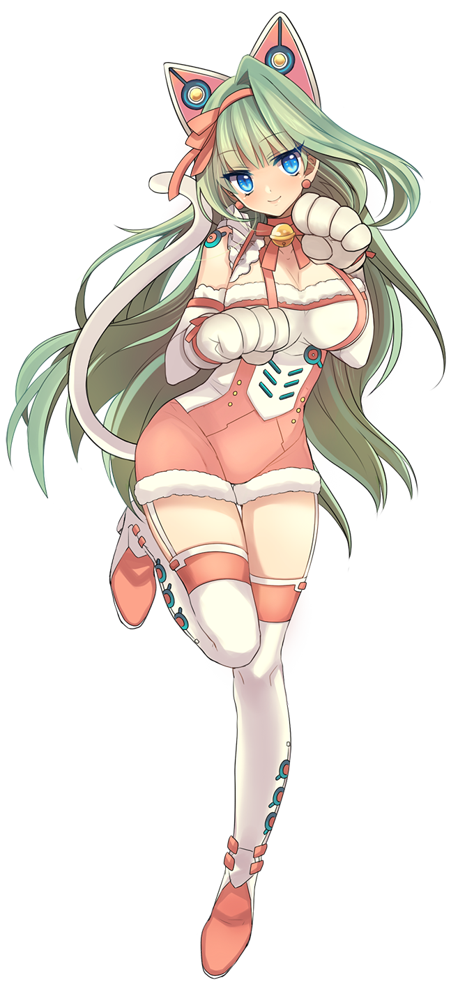 1girl animal_ear_hairband animal_ears animal_hands bell blue_eyes boots breasts cassie_(master_of_eternity) cat_ear_hairband cat_ears cat_girl cat_tail cleavage closed_mouth detached_sleeves dot_nose earrings fake_animal_ears fake_tail full_body fur_trim game_cg garter_straps gloves green_hair hair_ribbon hairband hands_up head_tilt highres jewelry jingle_bell large_breasts long_hair master_of_eternity multicolored_boots neck_bell non-web_source official_art paw_gloves pink_boots pink_ribbon ribbon smile solo standing standing_on_one_leg tachi-e tail thigh_boots transparent_background two-tone_boots very_long_hair white_boots white_garter_straps white_gloves white_sleeves white_tail