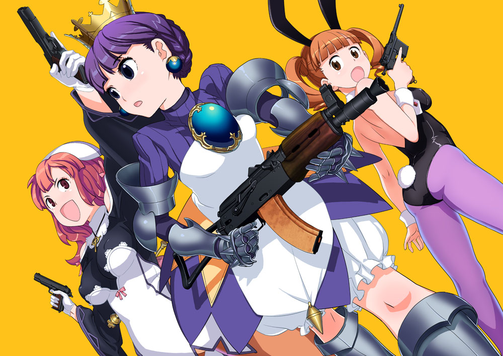 00s 3girls aks-74u animal_ears armor armored_dress ass assault_rifle atlus bloomers brown_eyes brown_hair cocked_hammer crossover crown dress dual_wielding eclair_(la_pucelle) fake_animal_ears fuwa_daisuke gauntlets gold_crown gradriel gradriel_de_valendia gun handgun holding holding_gun holding_weapon kalashnikov_rifle la_pucelle looking_back m1911 mauser_c96 multiple_crossover multiple_girls onegai_my_melody open_mouth orange_background pantyhose pistol playboy_bunny prier princess_crown purple_eyes purple_hair rabbit_ears red_eyes red_hair rifle sanrio trigger_discipline twintails underwear weapon white_bloomers yumeno_uta