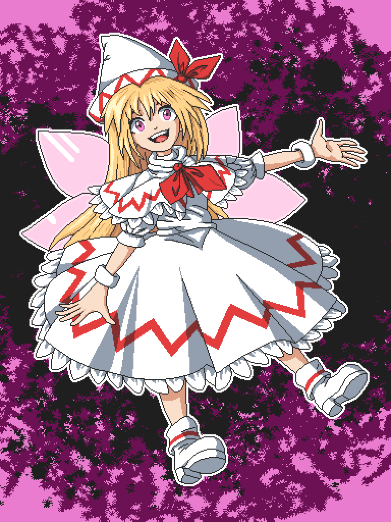 1girl aksawshin blonde_hair bow capelet dress fairy fairy_wings hair_bow lily_white long_hair looking_at_viewer open_mouth perfect_cherry_blossom pixel_art puffy_short_sleeves puffy_sleeves purple_eyes ribbon short_sleeves smile touhou white_capelet white_dress white_footwear white_headwear wings