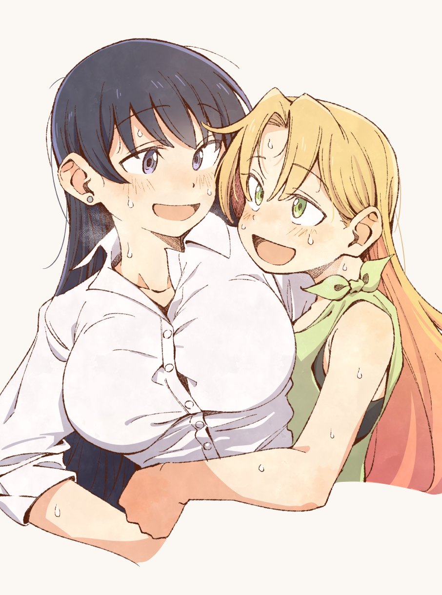 2girls :d arato_nagi arm_around_waist black_hair blonde_hair blush breasts breath collared_shirt commentary cropped_torso curtained_hair dress_shirt earrings eitopondo green_eyes green_shirt happy highres hug jewelry large_breasts long_hair looking_at_another multiple_girls open_mouth parted_bangs purple_eyes ruri_no_houseki shirt simple_background sleeveless sleeveless_shirt smile straight_hair stud_earrings sweat tanigawa_ruri undershirt upper_body white_background white_shirt wing_collar