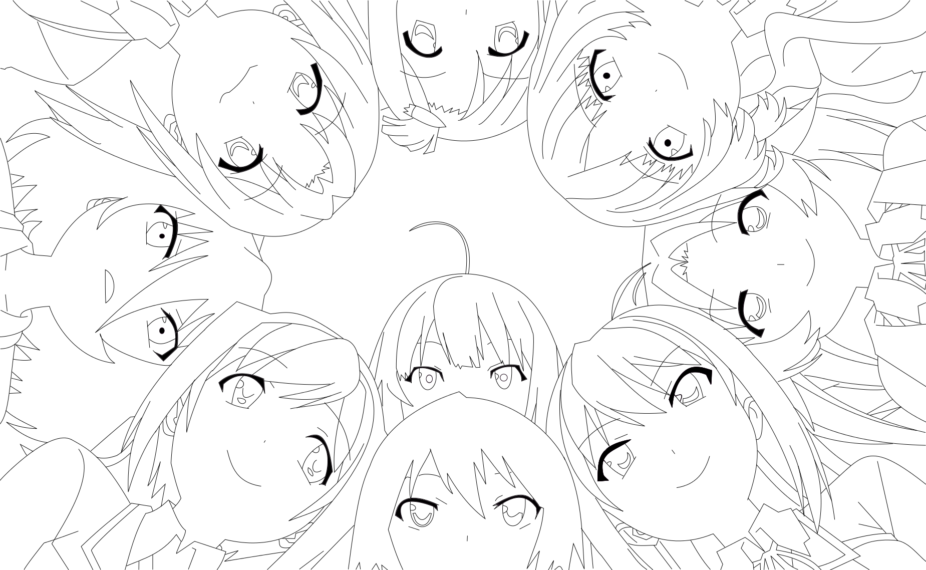 10s 2boys 6+girls ahoge edagawa_nozomi from_below greyscale highres kiba_mifuyu koi_to_senkyo_to_chocolate lineart monochrome monzennaka_kii morishita_michiru multiple_boys multiple_girls non-web_source oojima_yuuki sarue_ai shinonome_hazuki sumiyoshi_chisato yumeshima_oboro