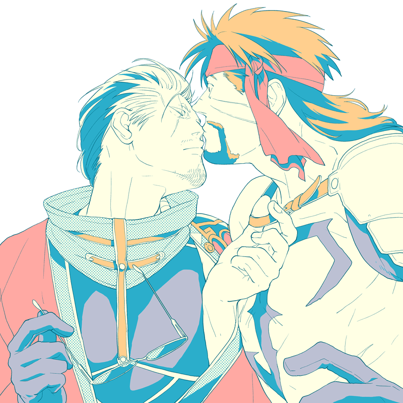 2boys 4100 armor auron black_hair brown_hair chest_tattoo closed_eyes facial_hair final_fantasy final_fantasy_x gloves headband incoming_kiss japanese_clothes jecht long_hair looking_at_another male_focus mature_male multicolored_hair multiple_boys muscular muscular_male ponytail scar scar_across_eye scar_on_face shoulder_armor simple_background sunglasses tattoo topless_male two-tone_hair unworn_eyewear white_background yaoi