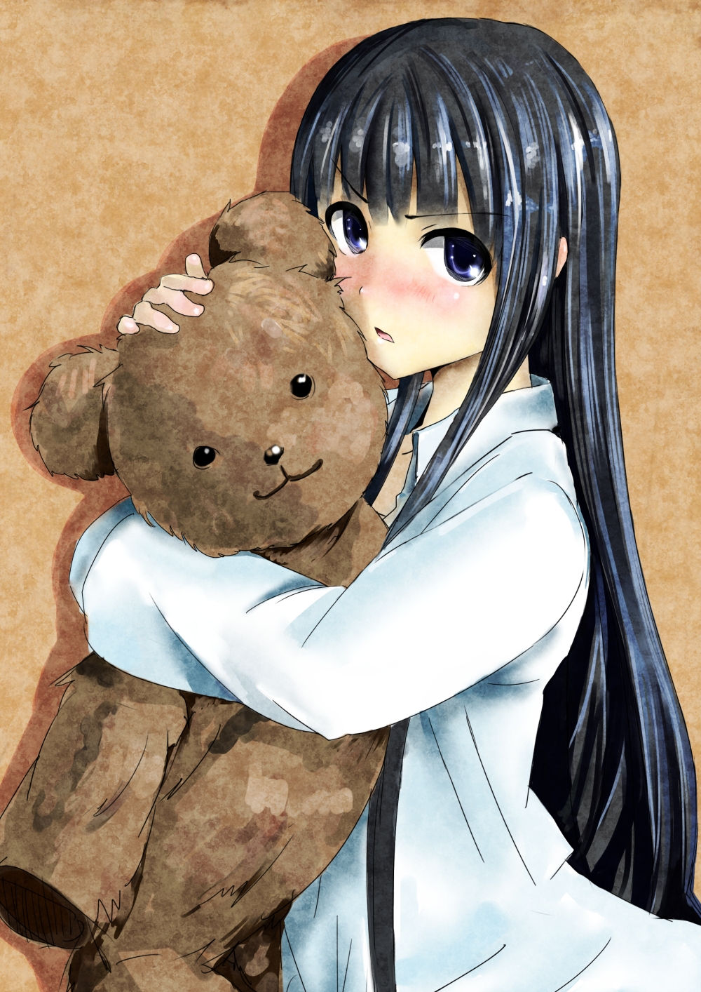black_hair blue_eyes blunt_bangs blush highres hime_cut hug kami-sama_no_memo-chou koruse long_hair shionji_yuuko sleepwear solo stuffed_animal stuffed_toy teddy_bear